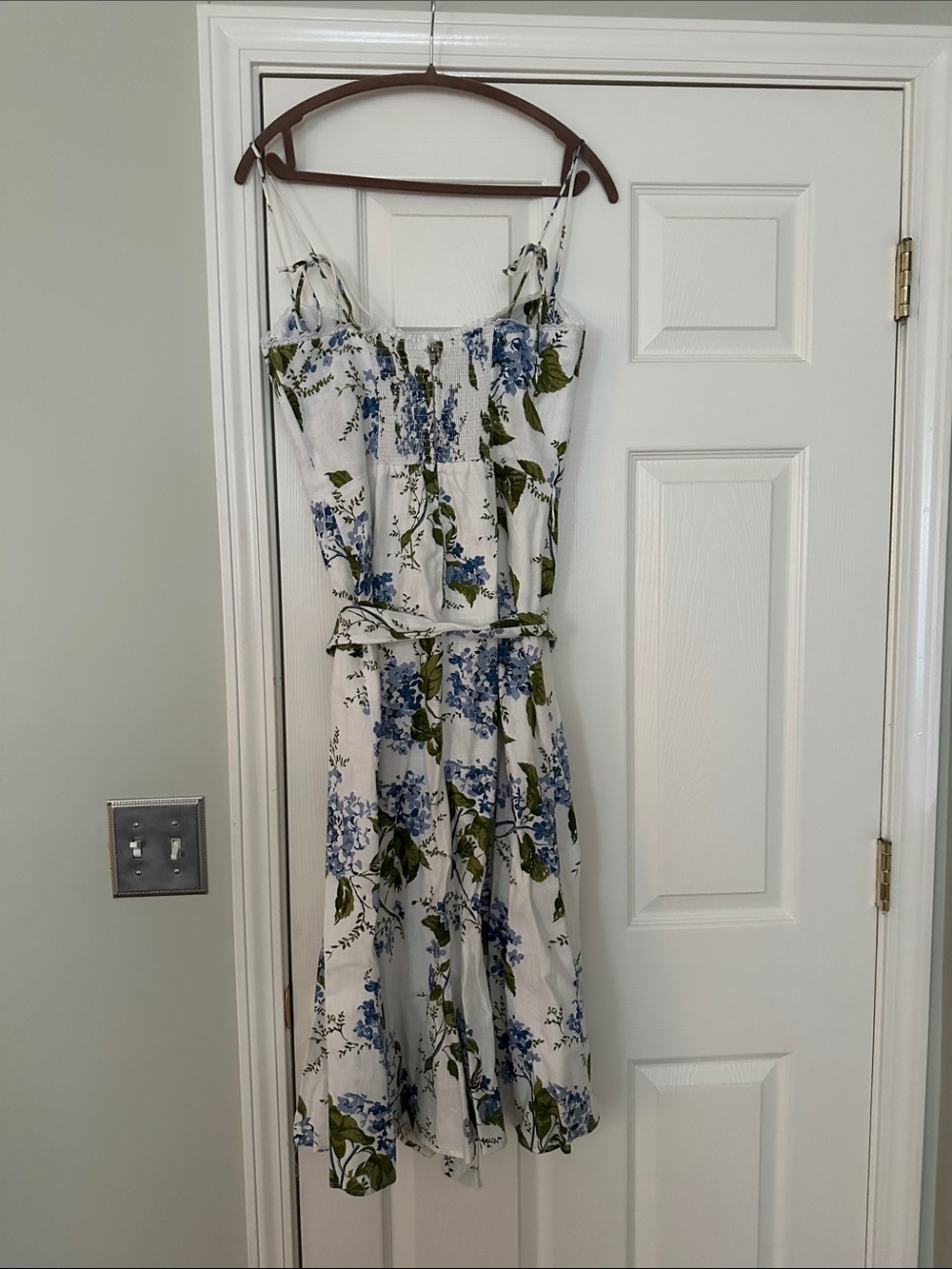 Reformation Floral Spaghetti-Strap Midi Dress in White and Blue - Picture 3 of 6